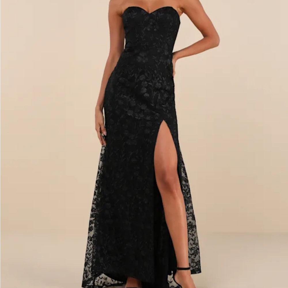 Lulus Romantic Beauty Black Floral Embroidered Strapless Maxi Dress